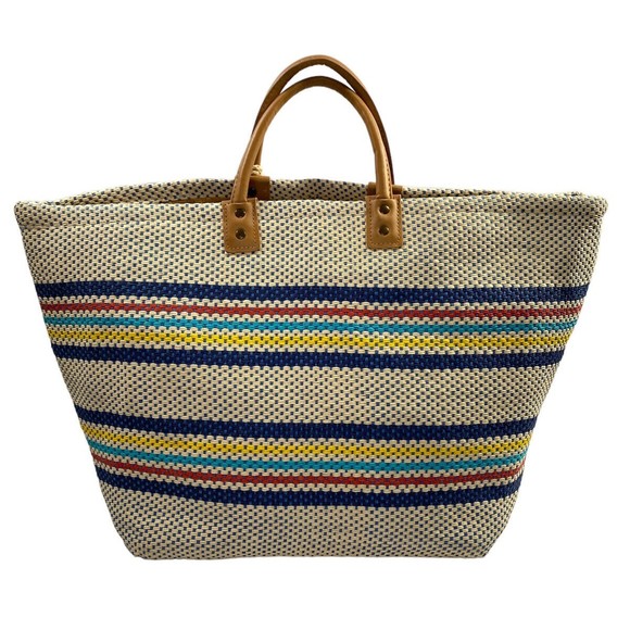 SHIRALEAH Chicago Ria Woven Paper Tote Bag Purse Striped Pompoms NWT - Picture 2 of 13